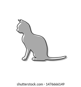 Silhouette of cat. Black line icon with gray shifted flat filled icon on white background. Illustration.