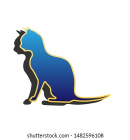 Silhouette of cat. Blue icon with gold contour with dark gray shadow at white background. Illustration.