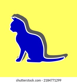 Silhouette of cat. Blue Icon with white stroke in 3d at yellow Background. Illustration.