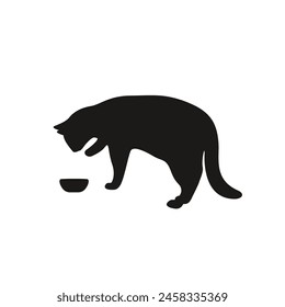 Silhouette of a cat with a bowl in vector, flat style.