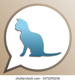 Silhouette of cat. Bright cerulean icon in white speech balloon at pale taupe background. Illustration.