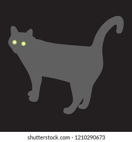 Silhouette of a cat with burning eyes. Isolated sign cat on black background. Gray cat in the dark. Vector illustration
