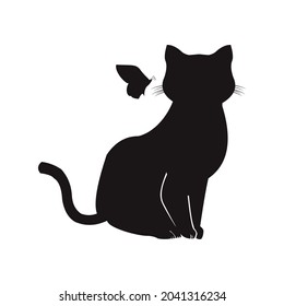 Silhouette cat and butterfly. Vector illustration for logo, ikon