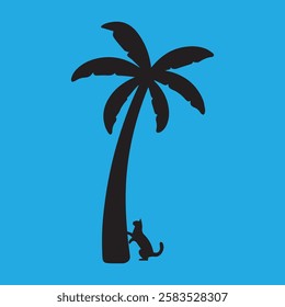 silhouette of cat and coconut tree on blue background