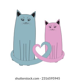 Silhouette of cat couple in love with shape heart tails. Vector greeting card