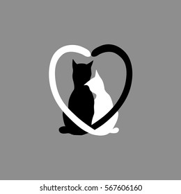 Silhouette of cat couple in love with shape heart tails. greeting card