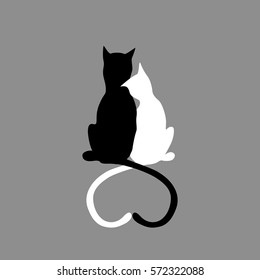 Silhouette of cat couple in love with shape heart tails. Vector greeting card