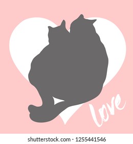 Silhouette of cat couple in love. Vector greeting card
