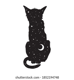 Silhouette of cat with crescent moon and stars isolated. Sticker, print or tattoo design vector illustration. Pagan totem, wiccan familiar spirit art