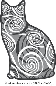 A silhouette of a cat with curly lines pattern
