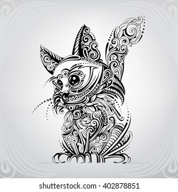 A silhouette of cat is in a decorative pattern
