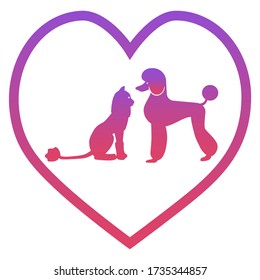Silhouette of a cat and a dog in a frame in the form of a heart. The concept of love for pets. Vector
