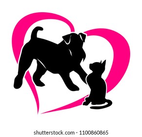 Silhouette of a cat and a dog. Isolated illustration on white background. Vector 2D