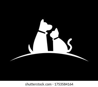 Silhouette of cat and dog on black background.