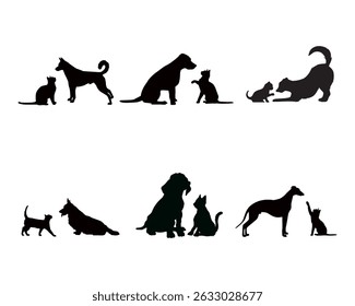 Silhouette of cat and dog on white background