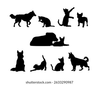 Silhouette of cat and dog on white background