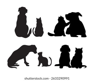 Silhouette of cat and dog on white background
