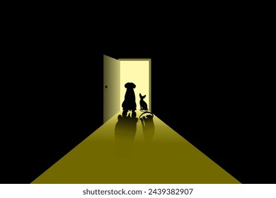 La silueta de un gato y un perro y sus sombras frente a la puerta abierta de la habitación oscura.