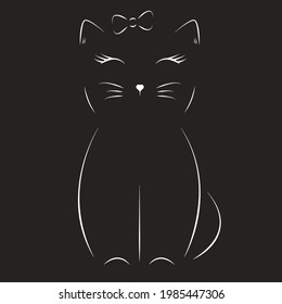 Silhouette of a cat drawn with dashed white lines on a black background. Vector illustration.
