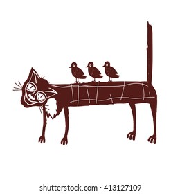 The silhouette of a cat. An elderly cat with birds on back. The metaphor of tolerance