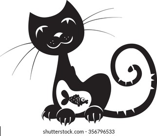 silhouette of a cat with fish in his stomach, vector, caricature isolated on white