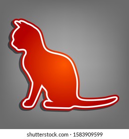 Silhouette of cat. Flat red icon with linear white icon with gray shadow at grayish background. Illustration.