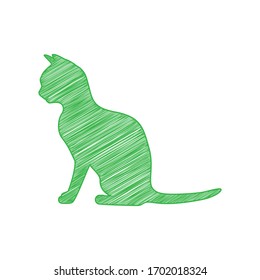 Silhouette of cat. Green scribble Icon with solid contour on white background. Illustration.