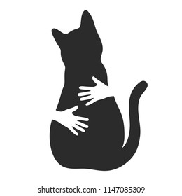 Silhouette of cat and hands hug. Human and animal friendship on a white background