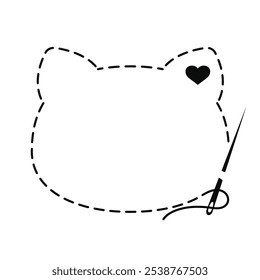 Silhouette of cat head with interrupted contour and heart. Copy space animal vector illustration of handmade work with embroidery thread and sewing needle on white background.	