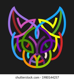 Silhouette of cat head from lines in colorful geometric style isolated on black background. Modern pop art graphic design element for label or poster. Vector art illustration.