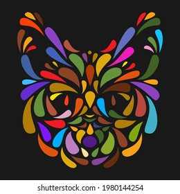Silhouette of cat head from particles or leaves in ornamental decorative colorful style isolated on black background. Modern pop art graphic design element for label or poster. Vector art illustration