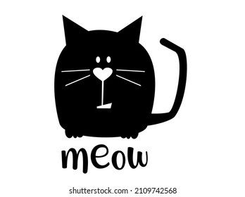 Silhouette de un gato con la nariz en forma de corazón y la palabra "maullar" encima. Gracioso dibujo de gatos. 