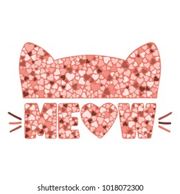 Silhouette cat with hearts. Meow slogan. Cute kitten. For t-shirt, mug, bag and other uses