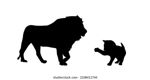 Silhouette de gato interactuando con león, ilustración vectorial de animales salvajes interactuando con animales domésticos. Iconos vectoriales de gato y león.