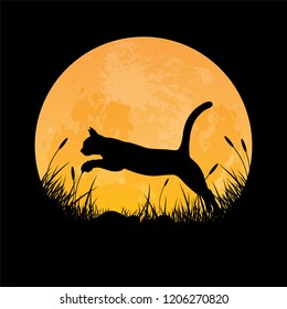 Silhouette of cat jumping over grass field with full moon background, vector illustration