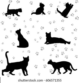 Silhouette of a cat and a kitten on a white background group in different poses 