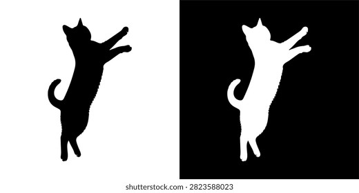 Silhouette of a cat leaping upwards, captured in midair with a plain background, emphasizing motion and agility of the feline creature.