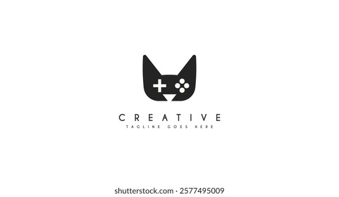 silhouette Cat logo design with joystick