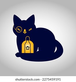 Silhouette of a cat in a monocle with a lit kerosene lamp. Time for awesome kick ass stories, web meme, vector illustration