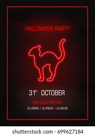 Silhouette cat neon sign.Happy Halloween bright signboard, light banner. Modern neon billboard on brick wall. Party invitation. Vector illustration.