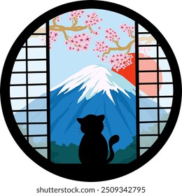 silhouette of a cat observing Mount Fuji