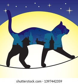 Silhouette of a cat on the background of the moon. Night city