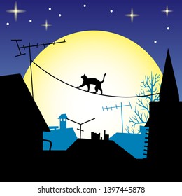Silhouette of a cat on the background of the moon. Night city