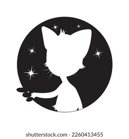 Silhouette of a cat on the background of a starry sky, the moon on a white, transparent background. Vector illustration
