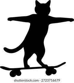 Silhouette of a cat on a skateboard in a dynamic pose with paws spread for balance on a transparent background