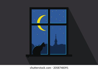 Silhouette Of A Cat On The Window On A Moonlight Starry Night. Vector Illustration