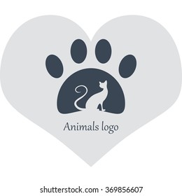 Silhouette of a cat paw. Light logo veterinary clinic. Vector Image.
