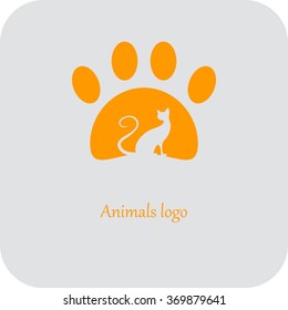 Silhouette of a cat paw. Light logo veterinary clinic. Vector Image.
