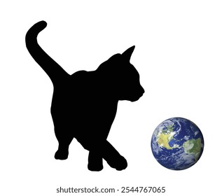 The silhouette of cat playing with globe.