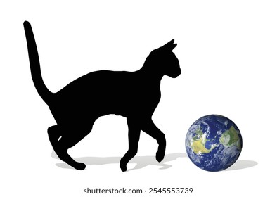 The silhouette of cat playing with globe.